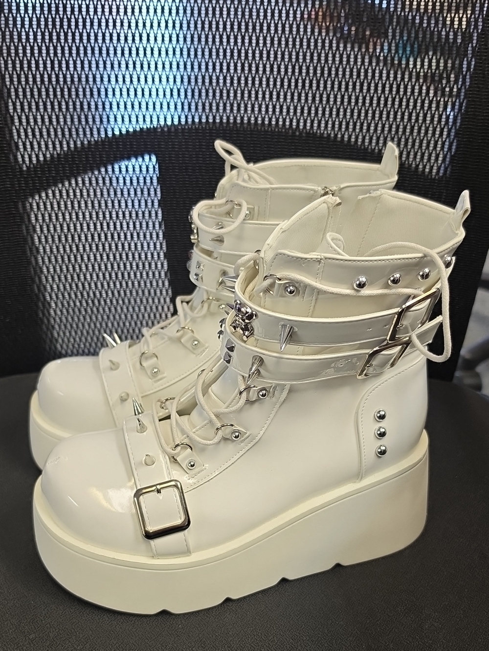 White Platform Lace-Up Ankle Boots with Stud and Buckle Detail